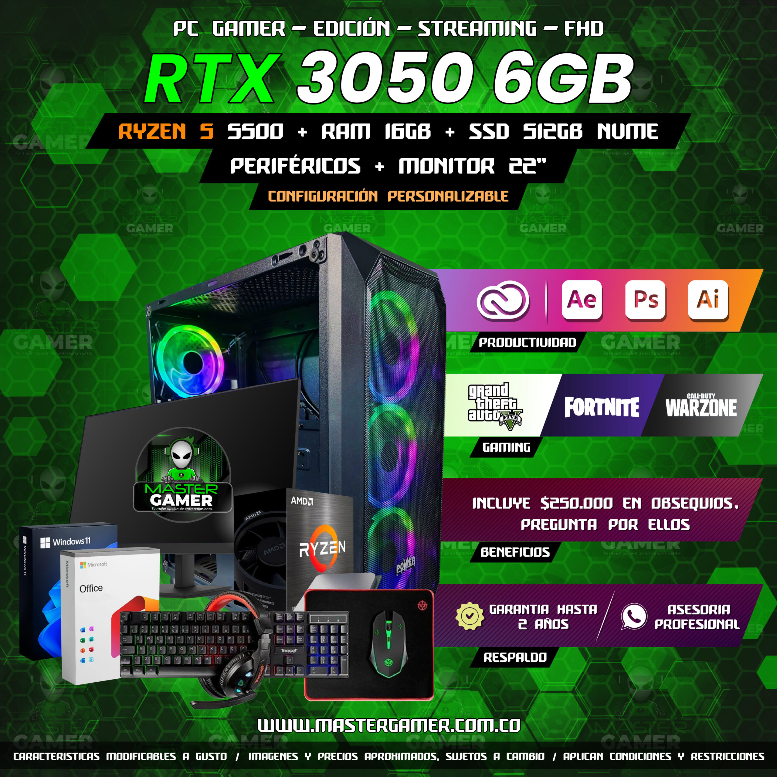 Combo PC Gamer RTX 3050 6GB | Ryzen 5 5500 | 16GB RAM DDR4 | SSD 512GB | Monitor 22″ + Periféricos | Gaming, Edición y Streaming 1080P 1440P 2K 4K - Image 2