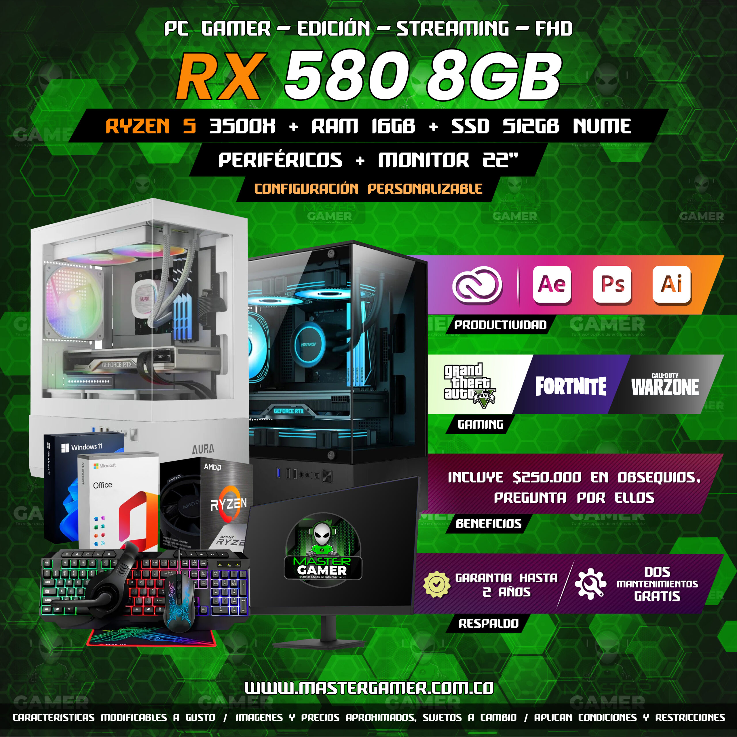 Combo PC Gamer RX 580 8GB | Ryzen 5 3500X | 16GB DDR4 | SSD 512GB | Monitor 22″ + Periféricos | Gaming, Edición y Streaming 1080P 1440P 2K 4K