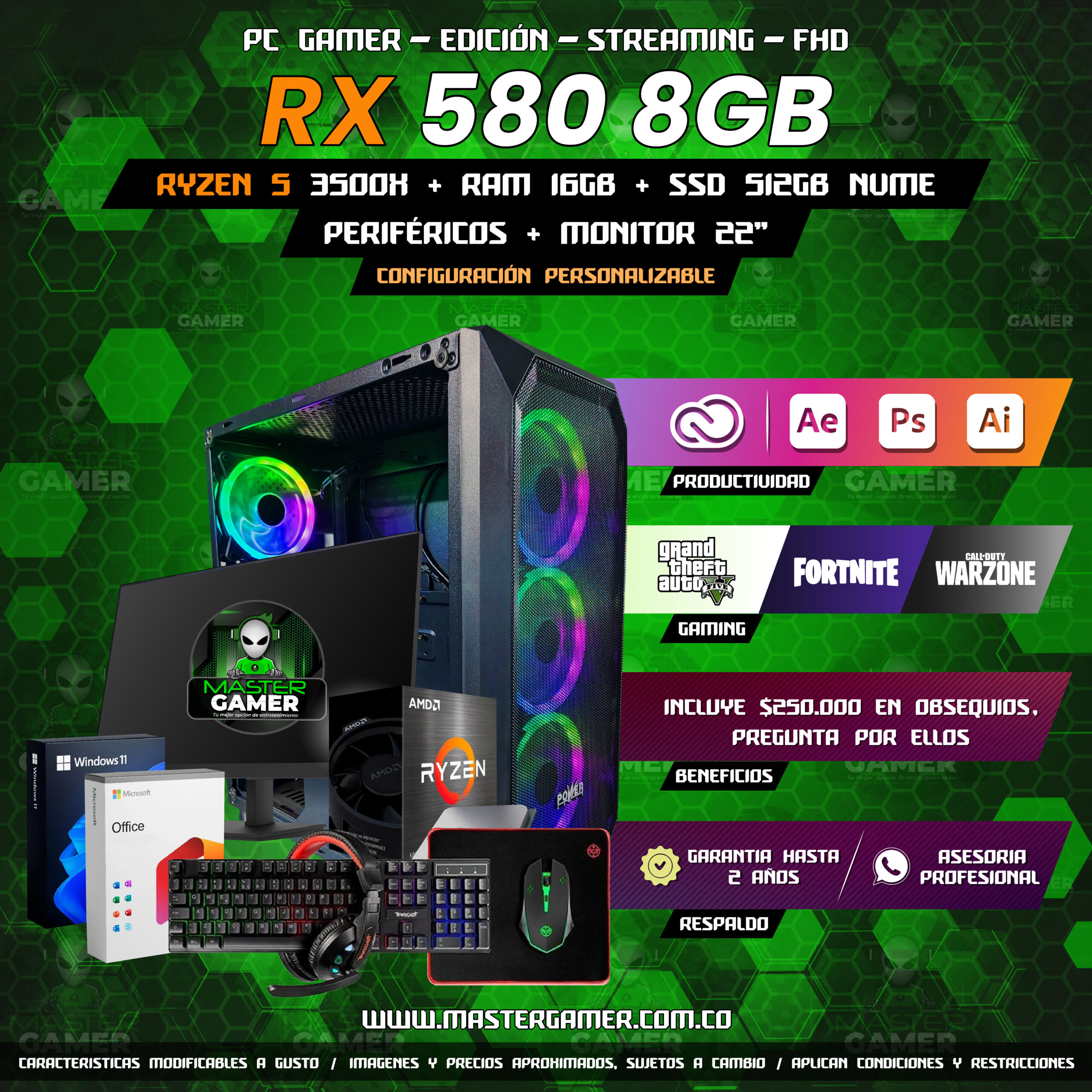 Combo PC Gamer RX 580 8GB | Ryzen 5 3500X | 16GB DDR4 | SSD 512GB | Monitor 22″ + Periféricos | Gaming, Edición y Streaming 1080P 1440P 2K 4K - Image 2