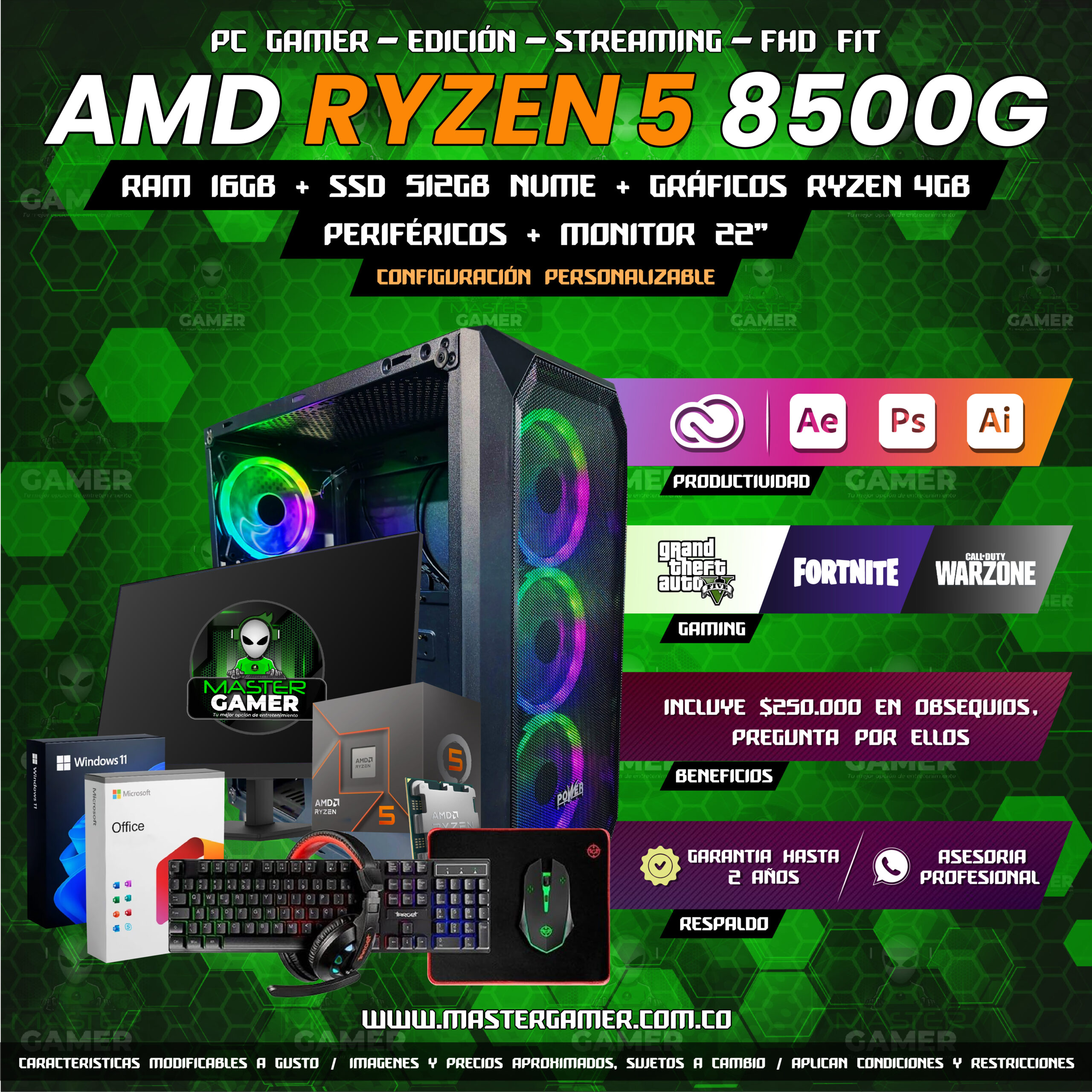 Combo PC Gamer Ryzen 5 8500G | Radeon 740M | 16GB RAM | SSD 512GB | Monitor 22" + Periféricos | Gaming, Edición y Streaming 1080P 1440P 2K 4K - Image 2