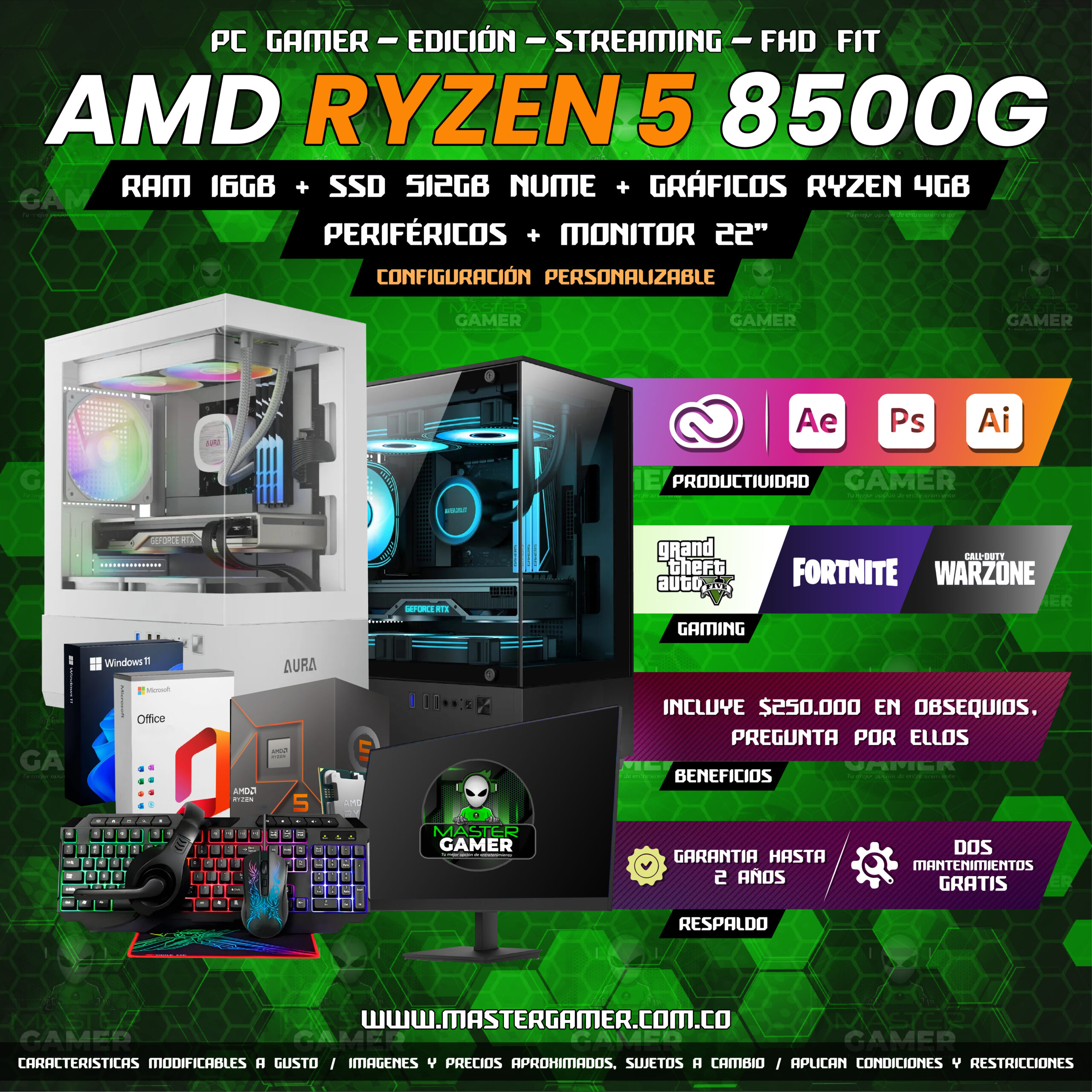 Combo PC Gamer Ryzen 5 8500G | Radeon 740M | 16GB RAM | SSD 512GB | Monitor 22" + Periféricos | Gaming, Edición y Streaming 1080P 1440P 2K 4K