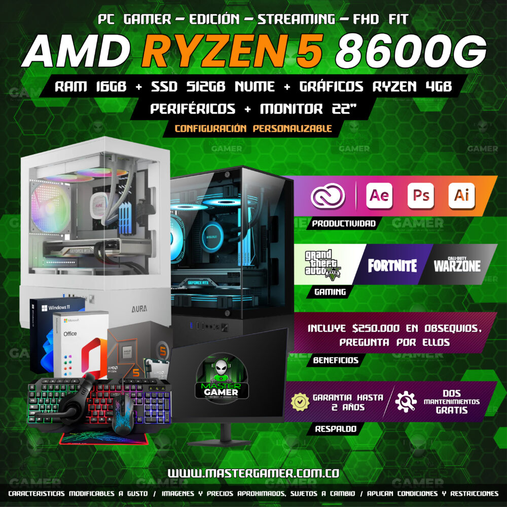 Combo PC Gamer Ryzen 5 8600G | Radeon 760M | 16GB RAM DDR5 | SSD 512GB | Monitor 22" + Periféricos | Gaming, Edición y Streaming 1080P 1440P 2K 4K