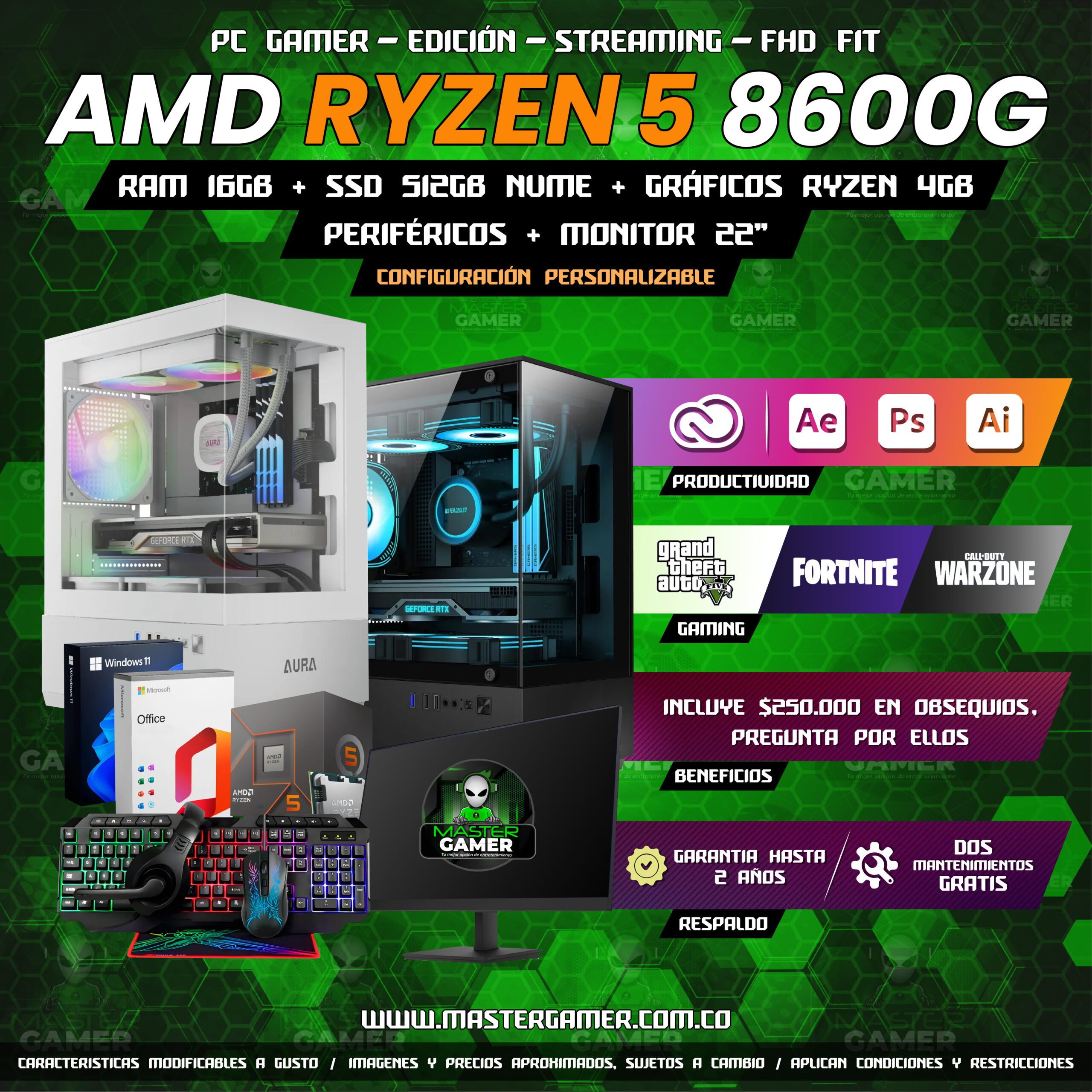 Combo PC Gamer Ryzen 5 8600G | Radeon 760M | 16GB RAM DDR5 | SSD 512GB | Monitor 22" + Periféricos | Gaming, Edición y Streaming 1080P 1440P 2K 4K