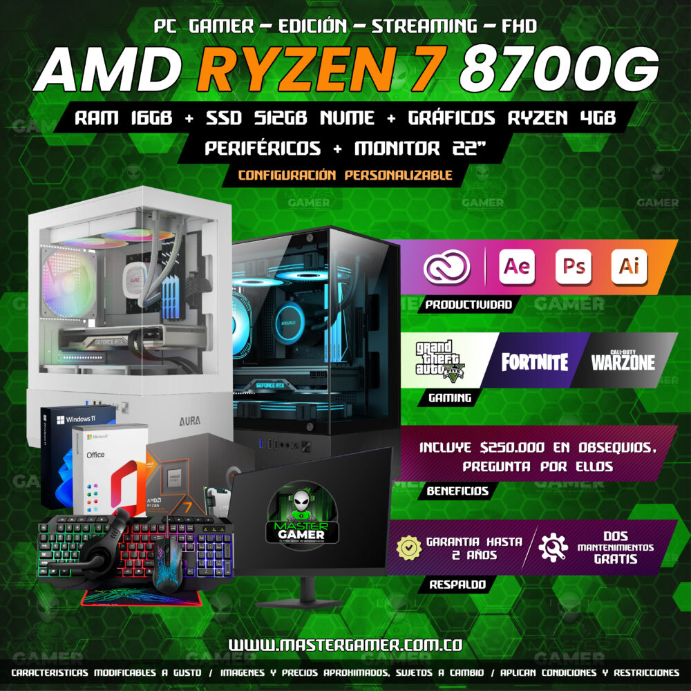 Combo PC Gamer Ryzen 7 8700G | 16GB RAM | SSD 512GB | Radeon 780M | Monitor 22” + Periféricos | Gaming, Edición y Streaming 1080P 1440P 2K 4K