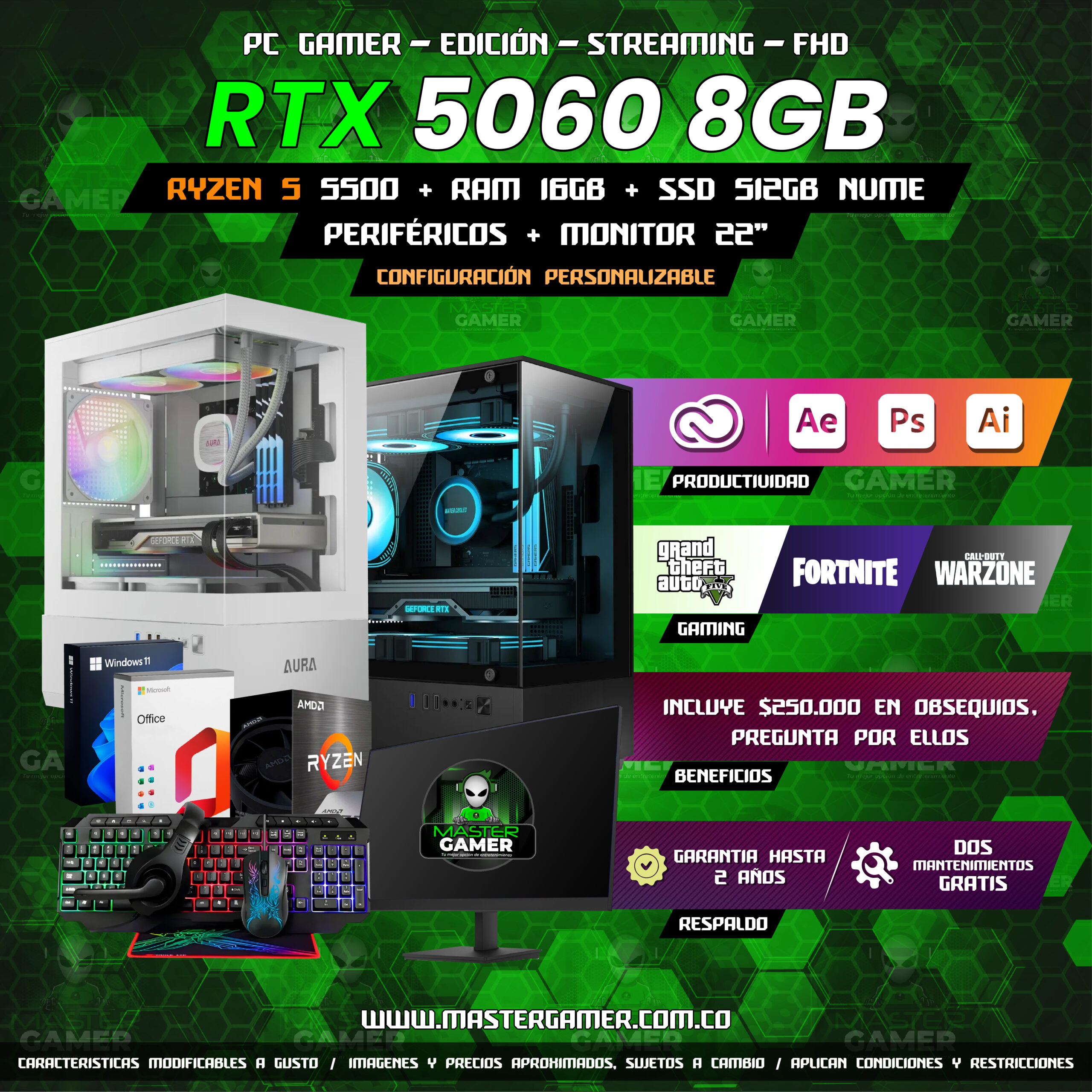 Combo PC Gamer RTX 5060 8GB | Ryzen 5 5500 | 16GB RAM | SSD 512GB | Monitor 22” + Periféricos | Gaming, Edición y Streaming 1080P 1440P 2K 4K