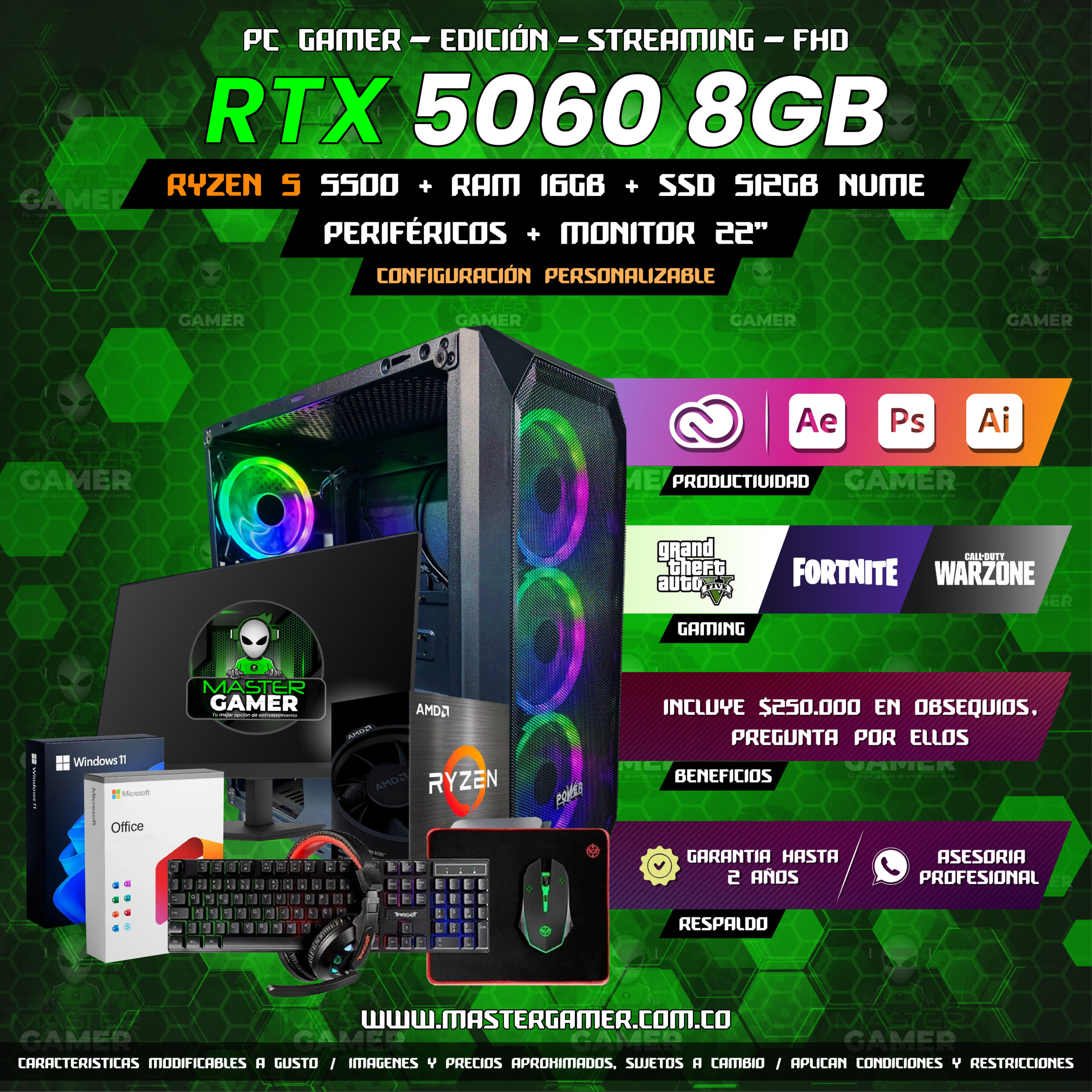 Combo PC Gamer RTX 5060 8GB | Ryzen 5 5500 | 16GB RAM | SSD 512GB | Monitor 22” + Periféricos | Gaming, Edición y Streaming 1080P 1440P 2K 4K - Image 2