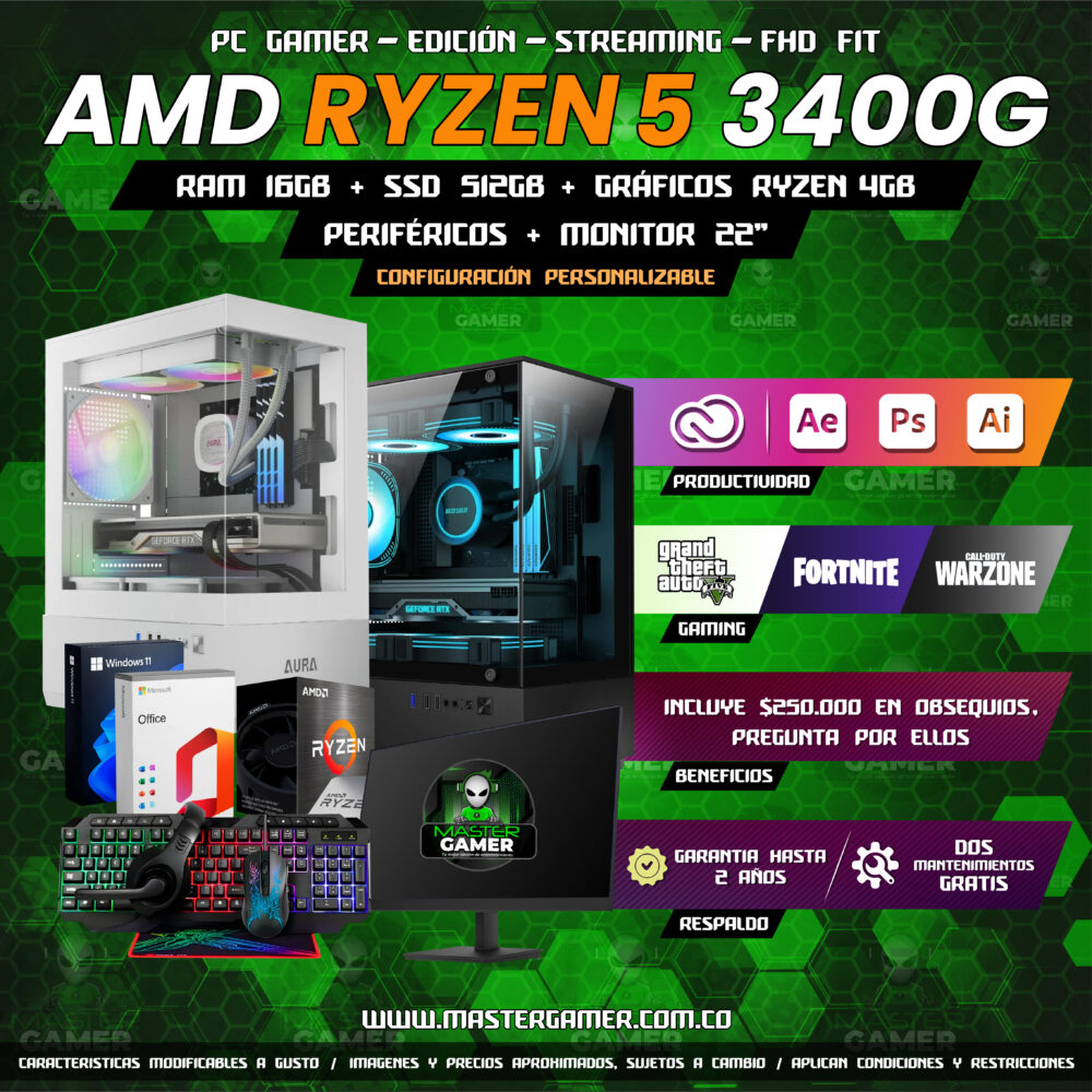 Combo PC Gamer Ryzen 5 3400G | 16GB RAM | SSD 512GB | Radeon Vega 11 | Monitor 22″ + Periféricos | Gaming, Edición y Streaming 1080P 1440P 2K 4K
