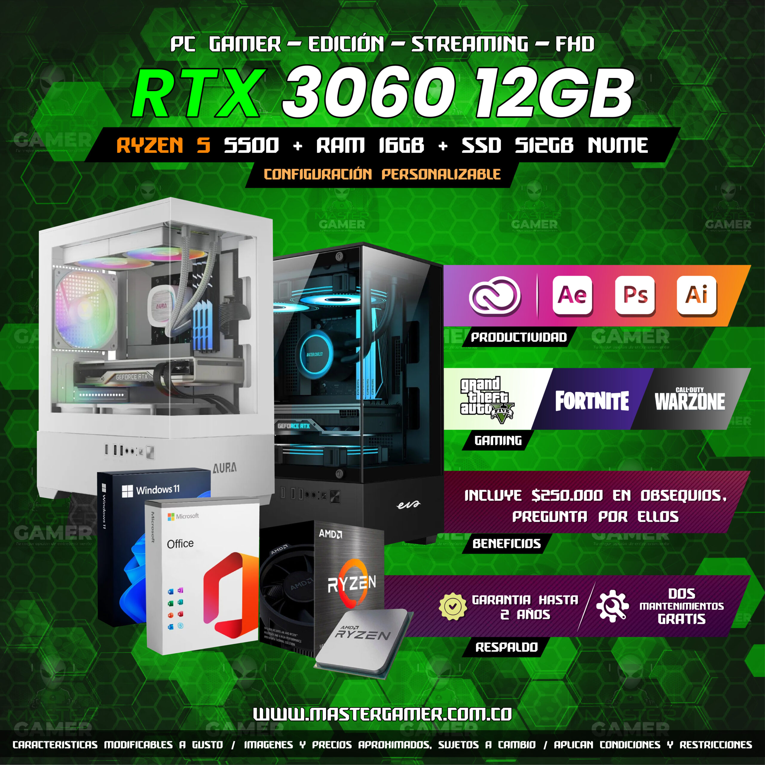 PC Gamer RTX 3060 12GB | Ryzen 5 5500 | 16GB RAM | SSD 512GB | Gaming, Edición y Streaming 1080P 1440P 2K 4K (Solo Torre)