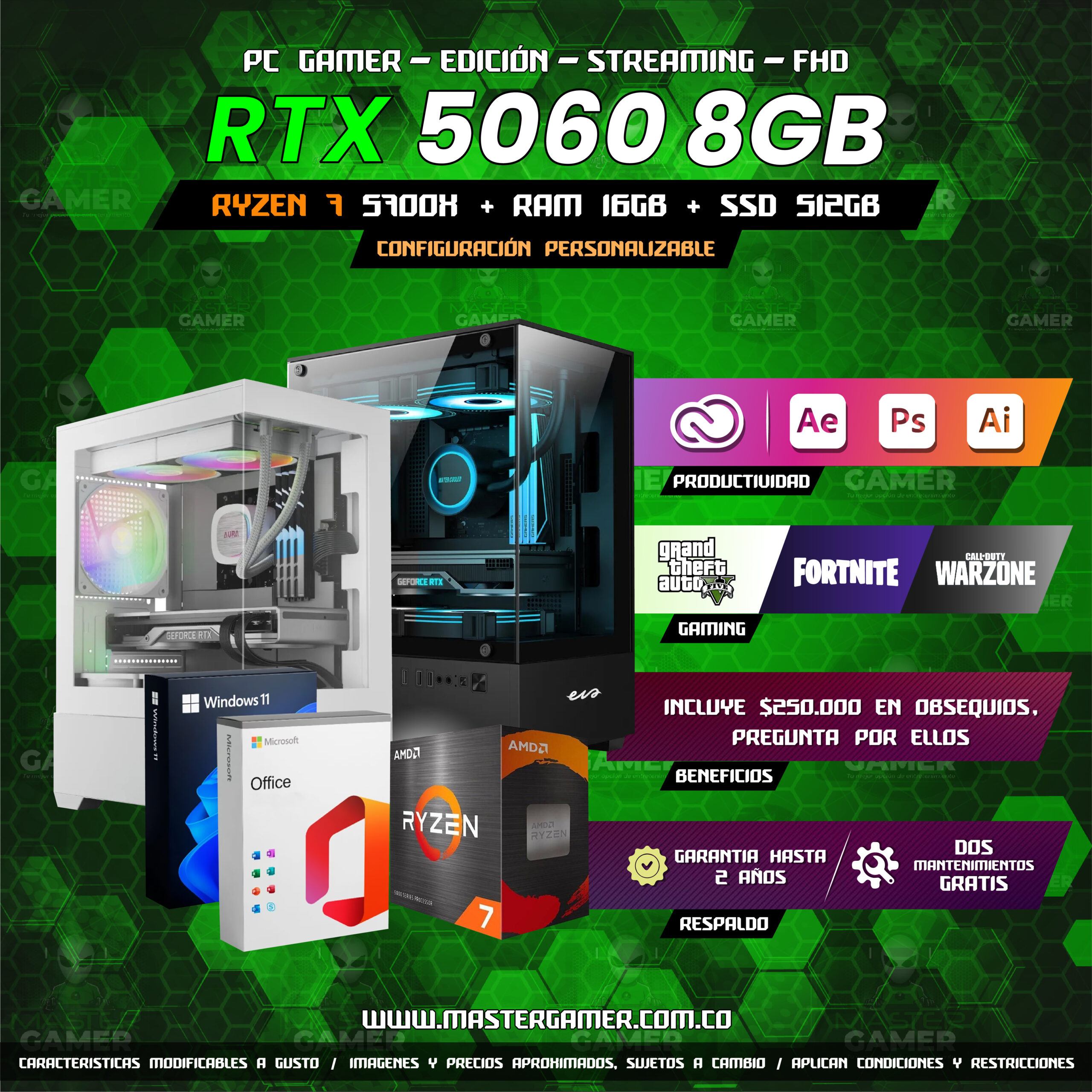 PC Gamer RTX 5060 8GB | Ryzen 7 5700x | 16GB RAM | SSD 512GB | Gaming, Edición y Streaming 1080P 1440P 2K 4K (Solo Torre)