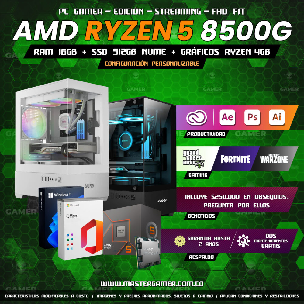 PC Gamer Ryzen 5 8500G | 16GB RAM | SSD 512GB | Radeon 740M | Gaming, Edición y Streaming 1080P 1440P 2K 4K (Solo Torre)