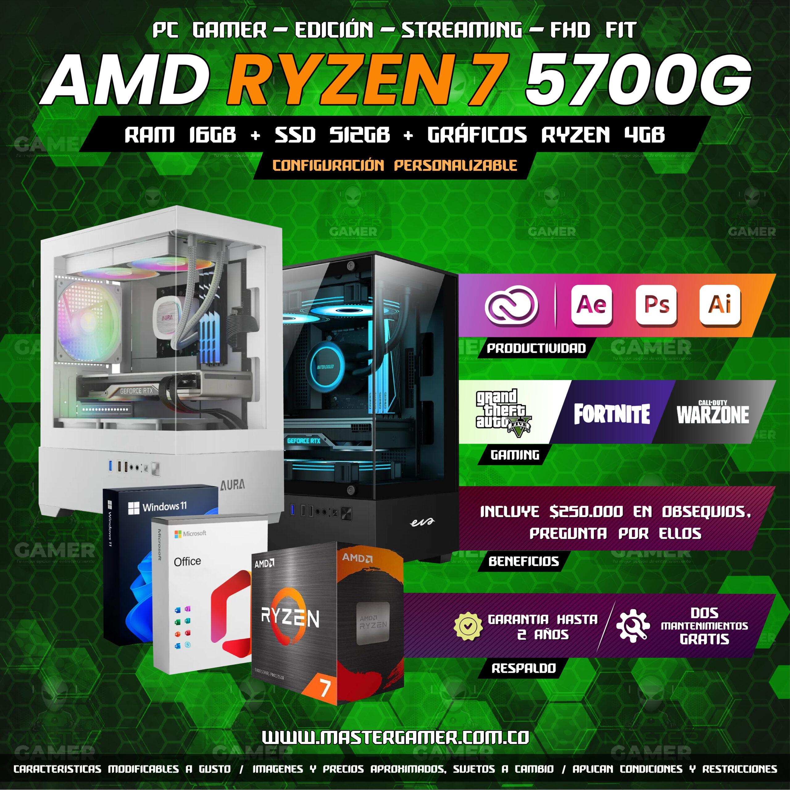 PC Gamer Ryzen 7 5700G | 16GB RAM | SSD 512GB | Radeon Vega 8 | Gaming, Edición y Streaming 1080P 1440P 2K 4K (Solo Torre)