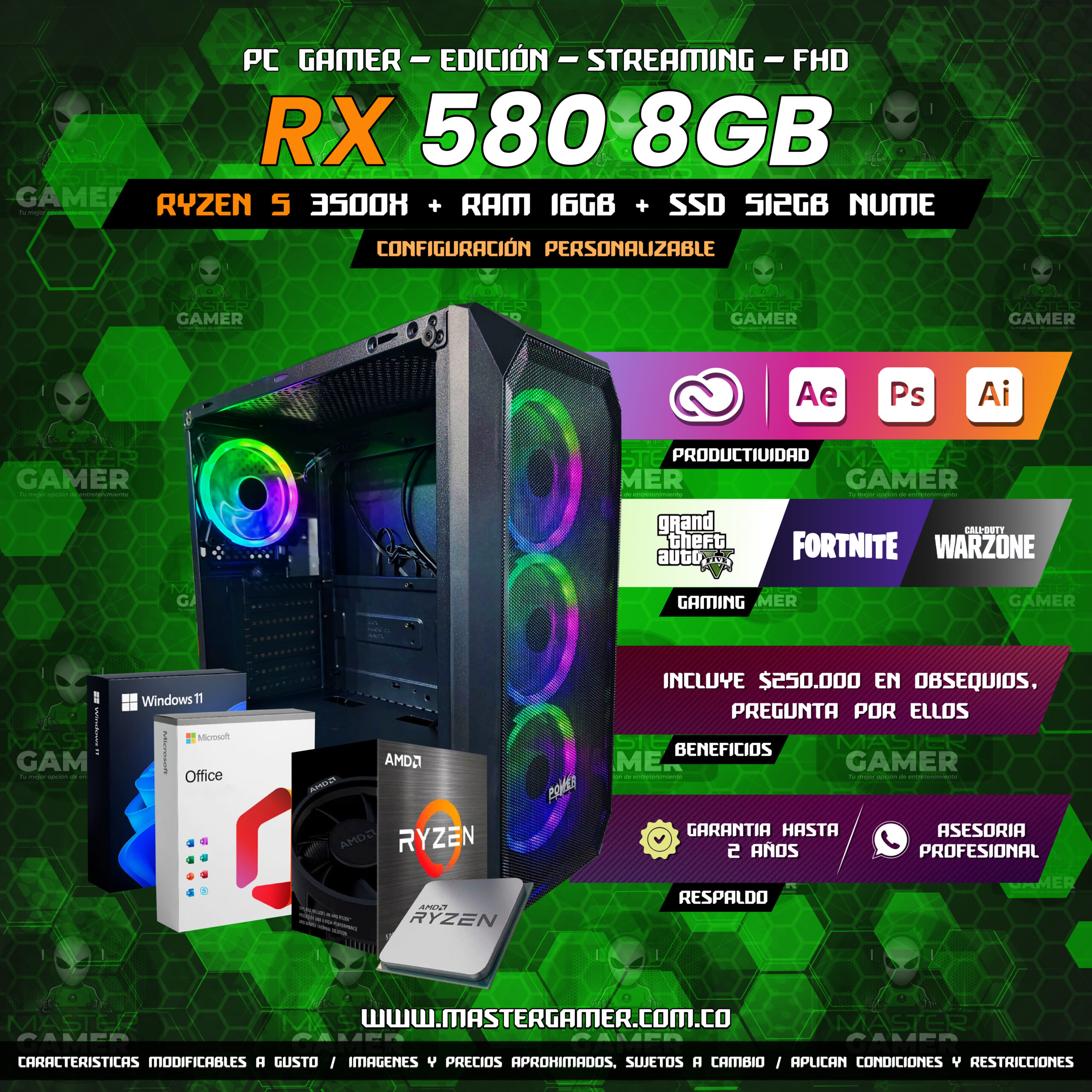 PC Gamer RX 580 8GB | Ryzen 5 3500X | 16GB RAM | SSD 512GB | Gaming, Edición y Streaming 1080P 1440P 2K 4K (Solo Torre) - Image 2