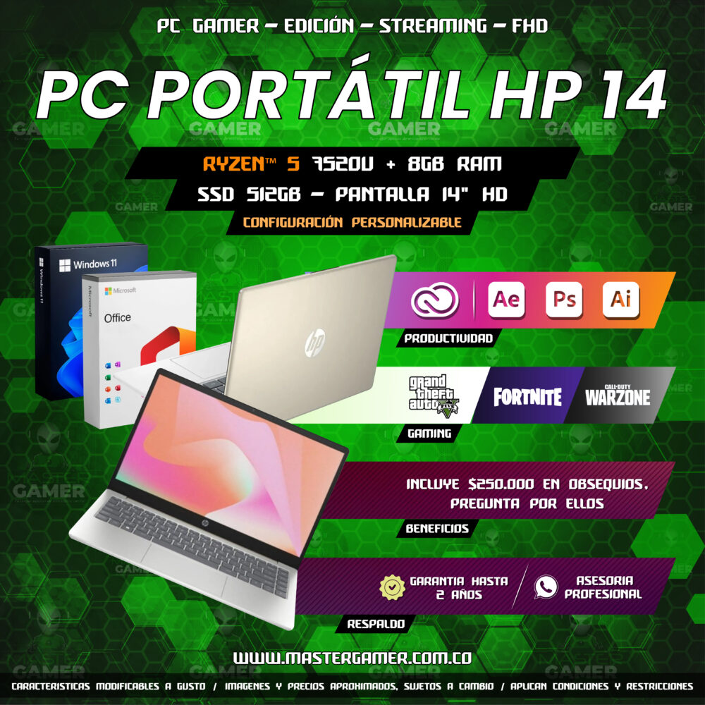 COMPUTADOR HP 14-EM0014LA 802M2LA#ABM - RYZEN™ 5 7520U + 8Gb RAM + SSD 512GB – Pantalla 14" HD