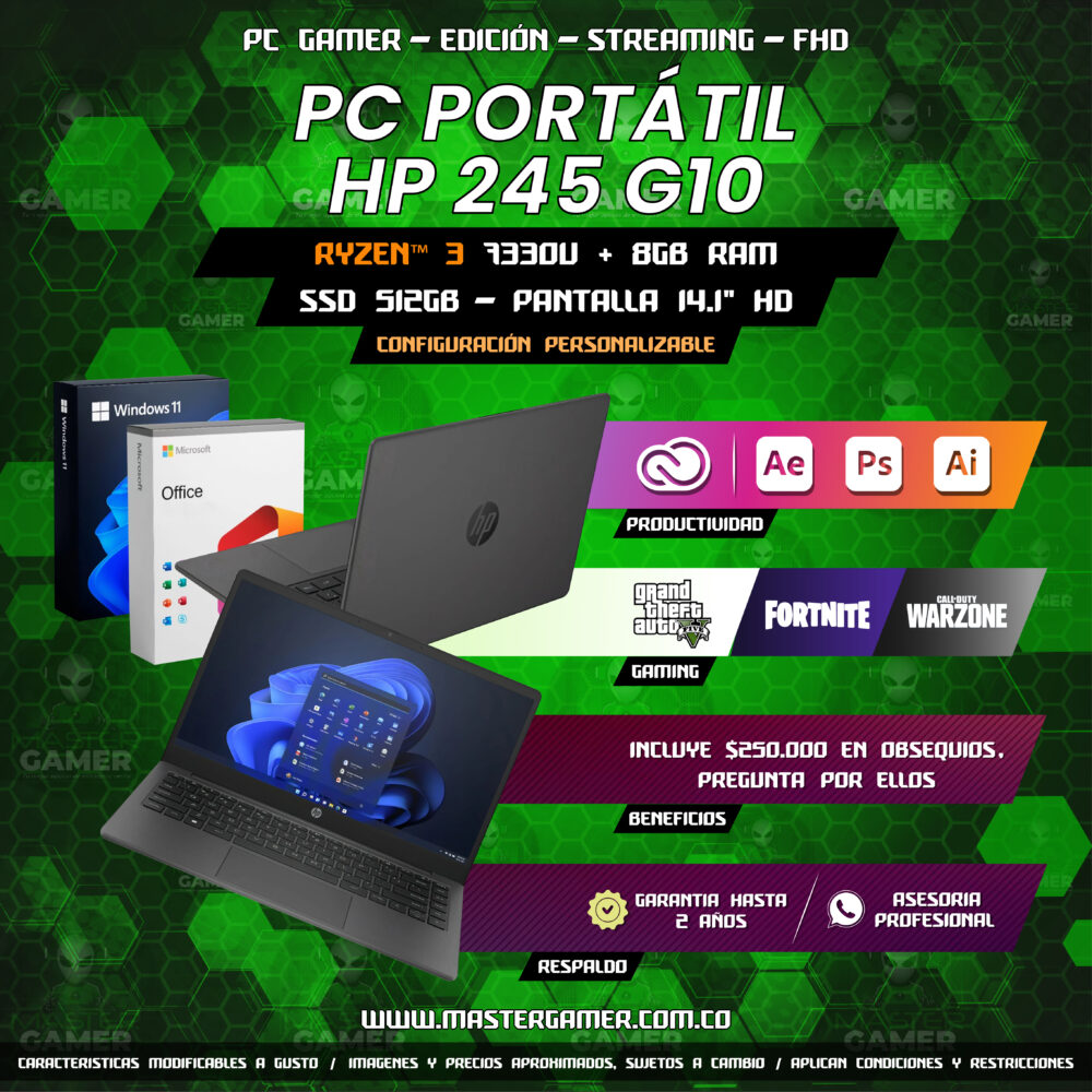 COMPUTADOR PORTÁTIL 245 G10 81S72LT#ABM - RYZEN™ 3 7330U + 8Gb RAM + SSD 512GB – Pantalla 14.1" HD