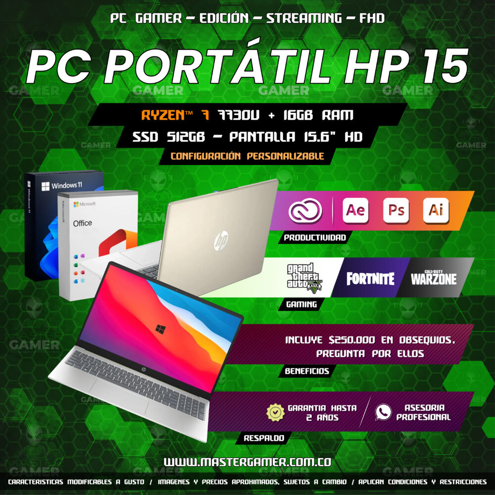 COMPUTADOR HP 15-FC0012LA 802N1LA#ABM - RYZEN™ 7 7730U + 16Gb RAM + SSD 512GB – Pantalla 15.6" HD