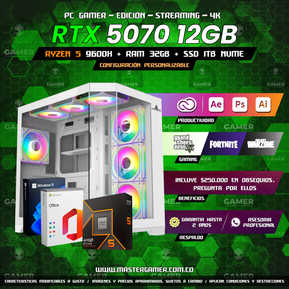 PC Gamer RTX 5070 12GB | Ryzen 5 9600X | 32GB RAM | SSD 1TB | Gaming, Edición y Streaming 1080P 1440P 2K 4K (Solo Torre)