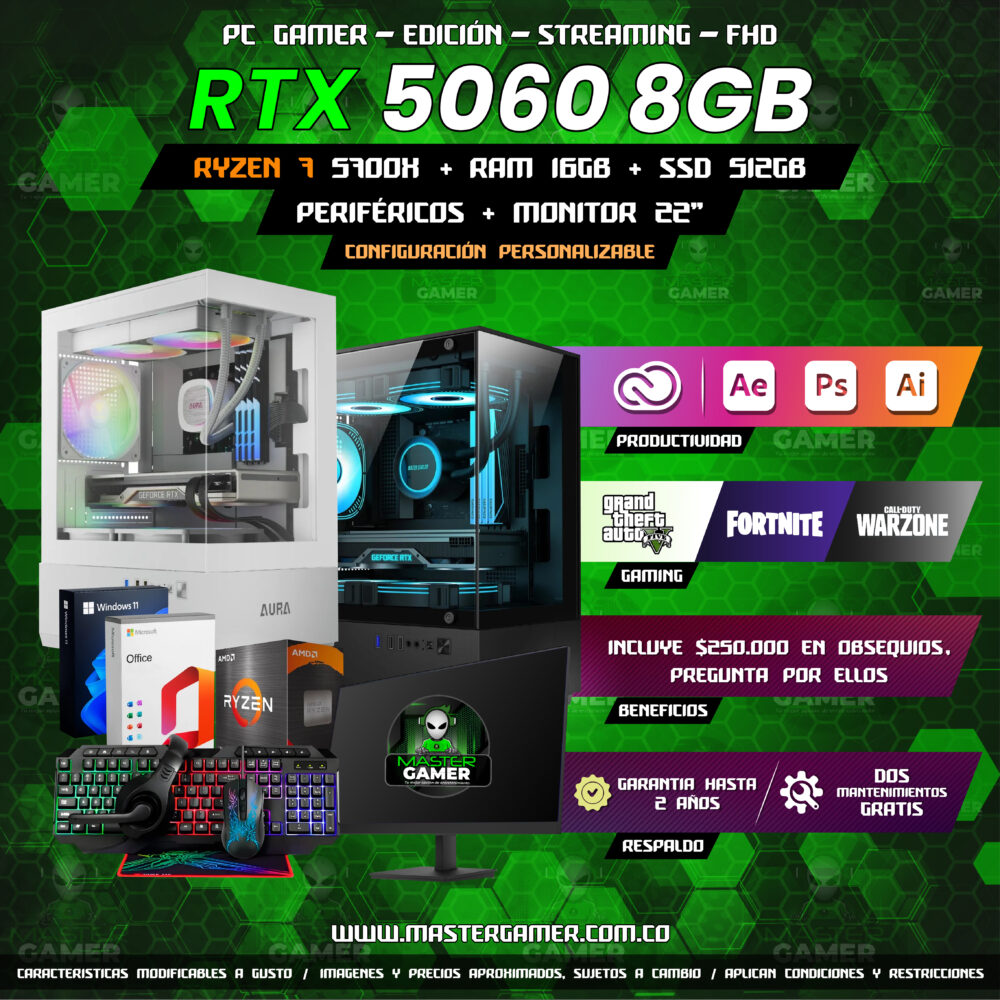 Combo PC Gamer Completo RTX 5060 8GB | Ryzen 7 5700x | 16GB RAM | SSD 512GB | Monitor 22" + Periféricos Gaming | Edición y Streaming 1080P 1440P 2K 4K