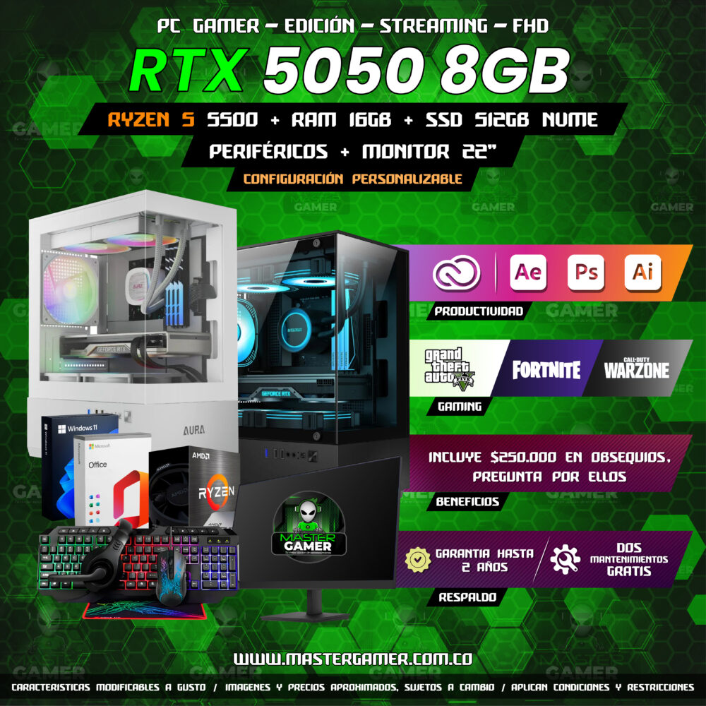Combo PC Gamer RTX 5050 8GB | Ryzen 5 5500 | 16GB RAM | SSD 512GB | Monitor 22" + Periféricos | Gaming, Edición y Streaming 1080P 1440P 2K 4K
