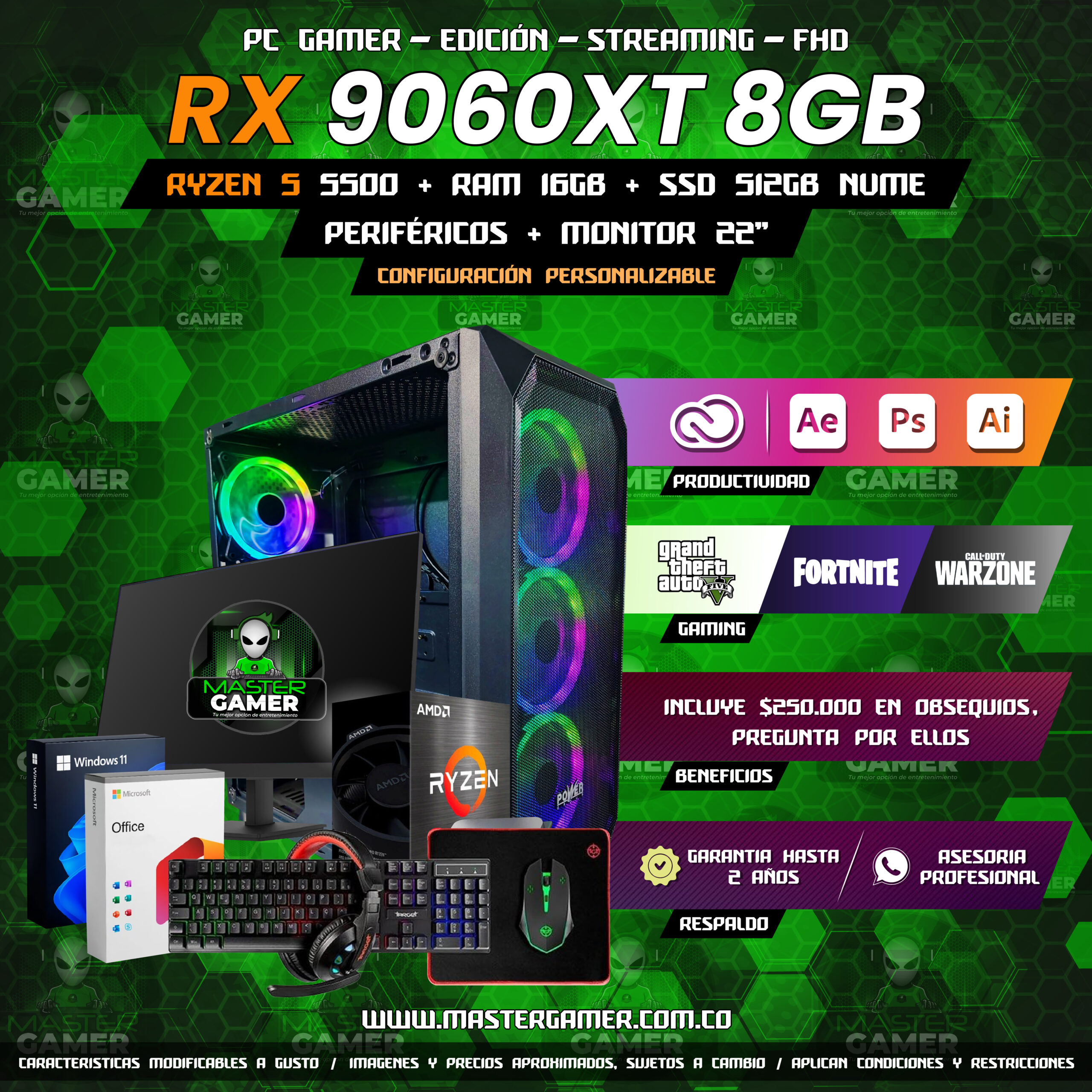 Combo PC Gamer RX 9060 XT 8GB | Ryzen 5 5500 | 16GB DDR4 | SSD 512GB | Monitor 22″ + Periféricos Gaming | 1080P 1440P 2K 4K - Image 2