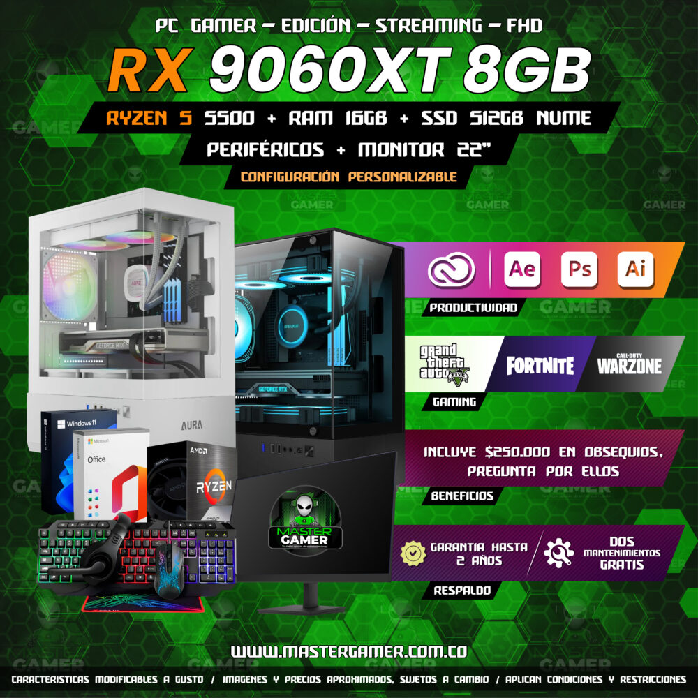 Combo PC Gamer RX 9060 XT 8GB | Ryzen 5 5500 | 16GB DDR4 | SSD 512GB | Monitor 22″ + Periféricos Gaming | 1080P 1440P 2K 4K