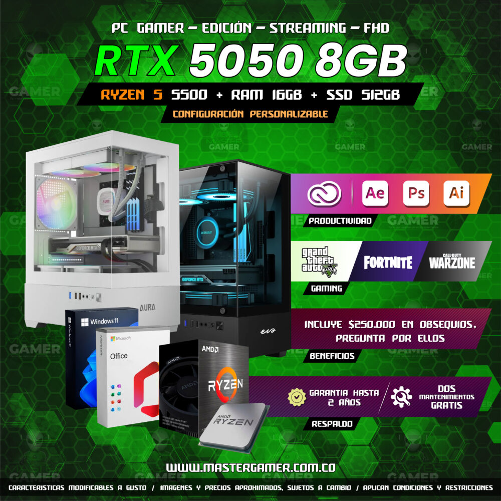 PC Gamer RTX 5050 8GB | Ryzen 5 5500 | 16GB RAM | SSD 512GB | Gaming, Edición y Streaming 1080P 1440P 2K 4k (Solo Torre)