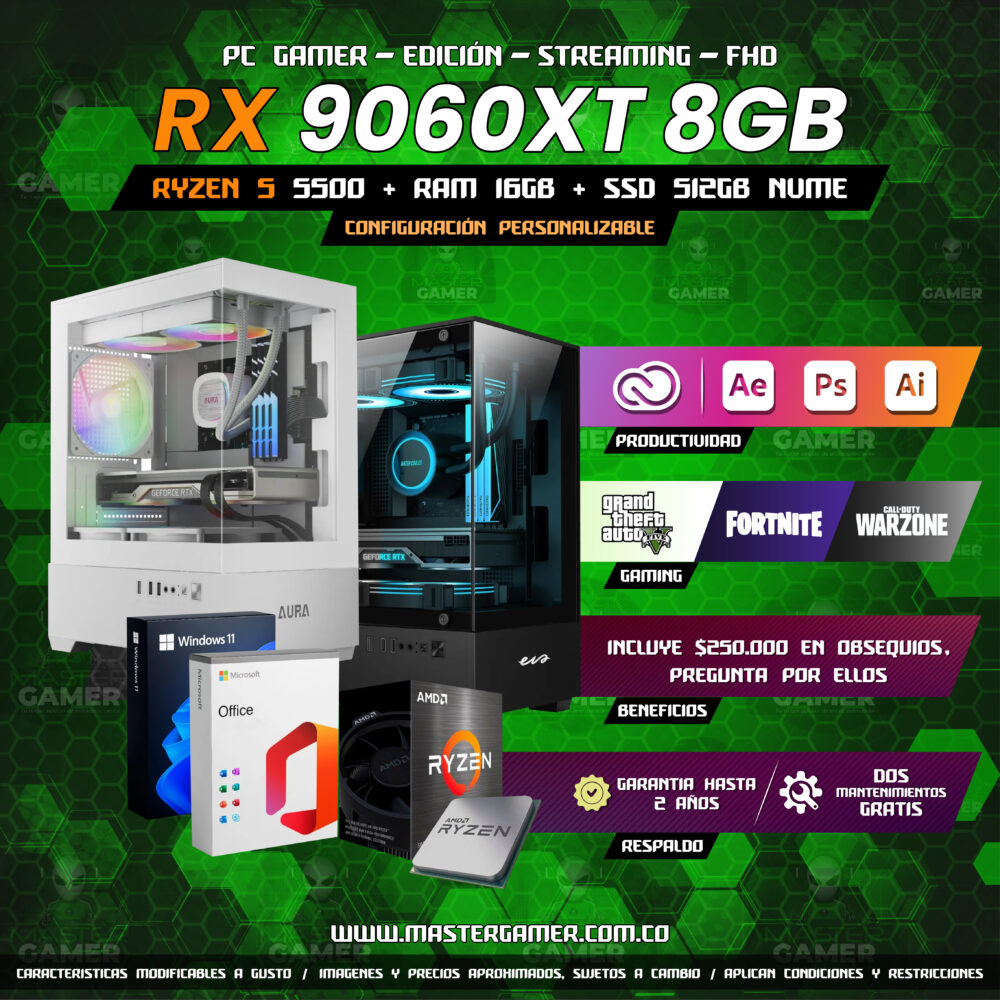 PC Gamer RX 9060XT 8GB | Ryzen 5 5500 | 16GB RAM | SSD 512GB | Gaming, Edición y Streaming 1080P 1440P 2K 4k (Solo Torre)