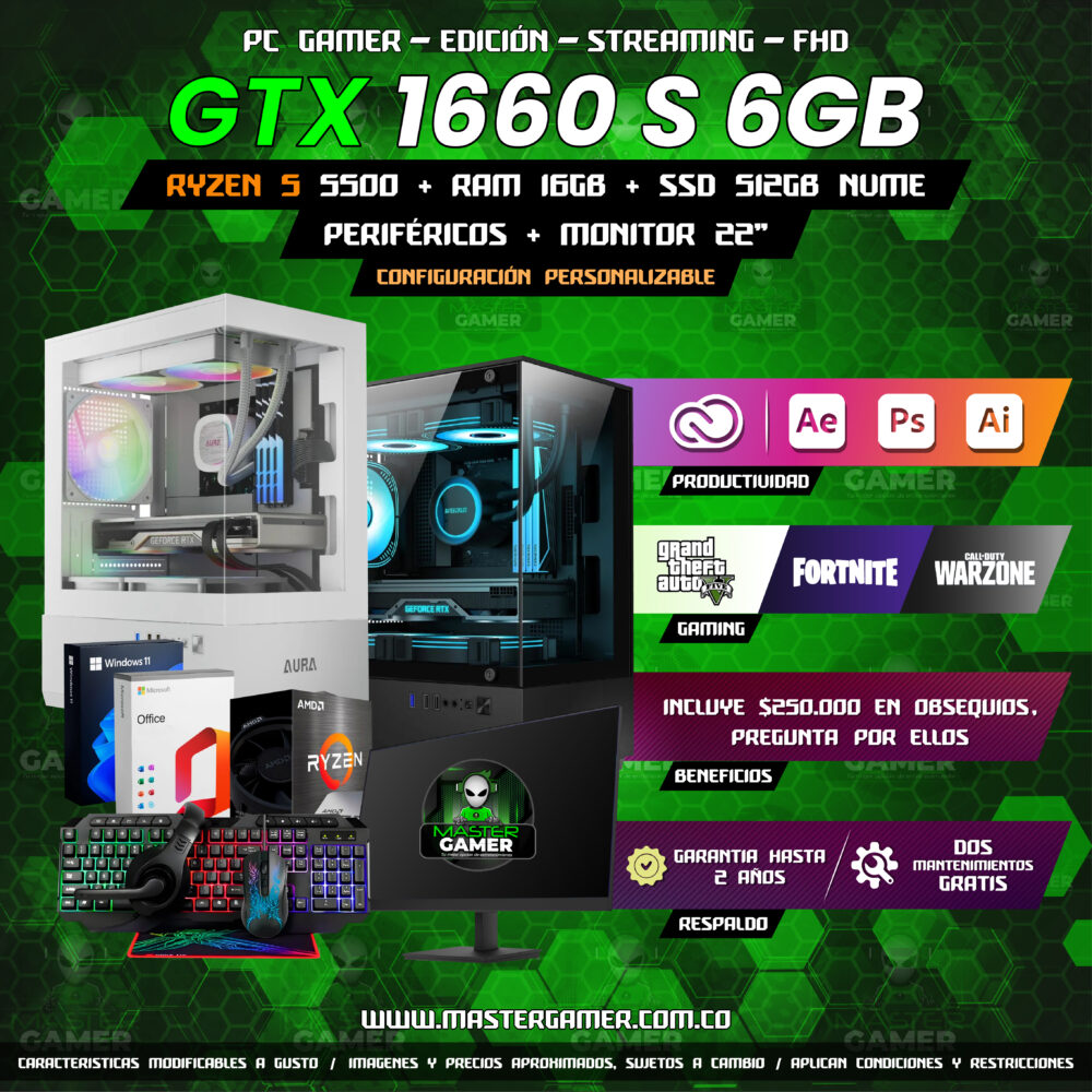 Combo PC Gamer GTX 1660 Super 6GB | Ryzen 5 5500 | 16GB RAM | SSD 512GB | Monitor 22″ + Periféricos Gaming | 1080P 1440P 2K 4K