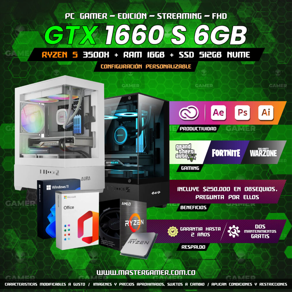 PC Gamer GTX 1660 Super 6GB | Ryzen 5 3500X | 16GB RAM | SSD 512GB | Gaming, Edición y Streaming 1080P 1440P 2K 4K (Solo Torre)
