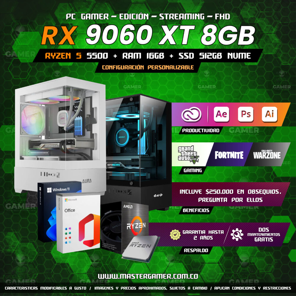 PC Gamer RX 9060 XT 8GB | Ryzen 5 5500 | 16GB RAM | SSD 512GB | Gaming, Edición y Streaming 1080P 1440P 2K 4K (Solo Torre)